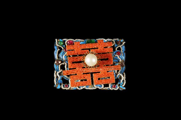 铜镀金点翠嵌珠宝双喜纹钿花