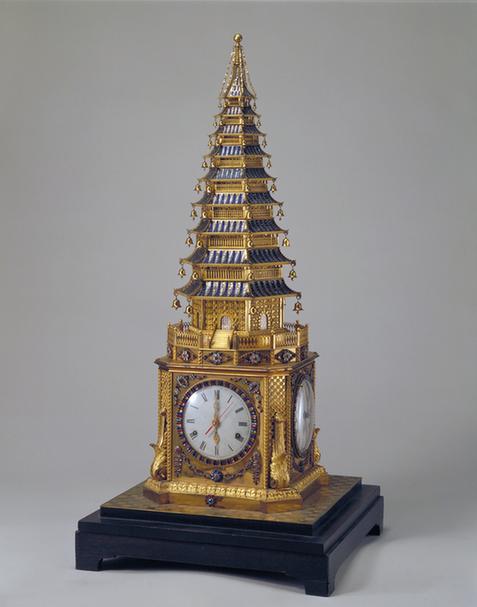 铜镀金嵌料石升降塔钟