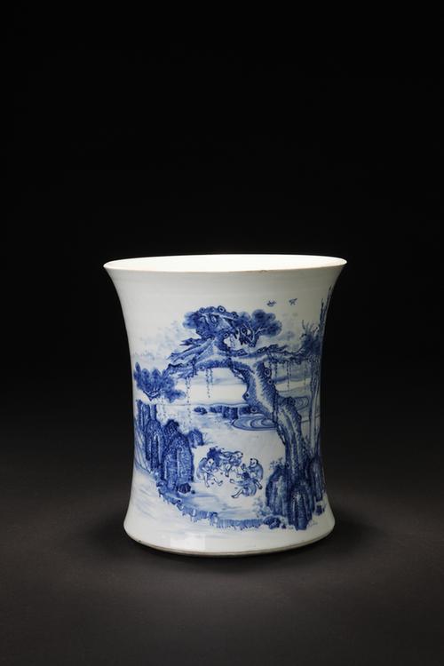 青花渔家乐图笔筒