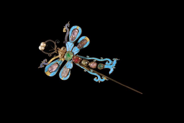银镀金嵌宝石蜻蜓纹簪
