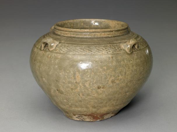 青釉印网格纹四系罐