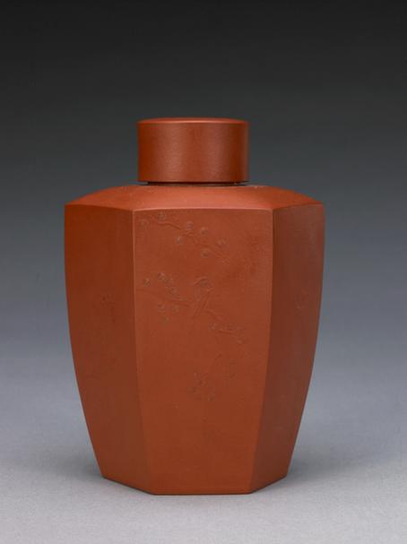 宜兴窑紫砂花鸟图六方盖罐