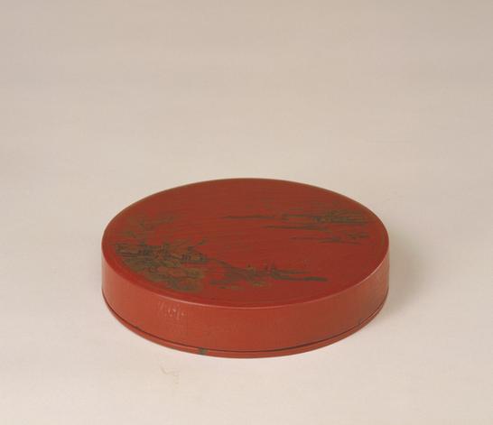 万历款红漆描金山水人物图圆盒