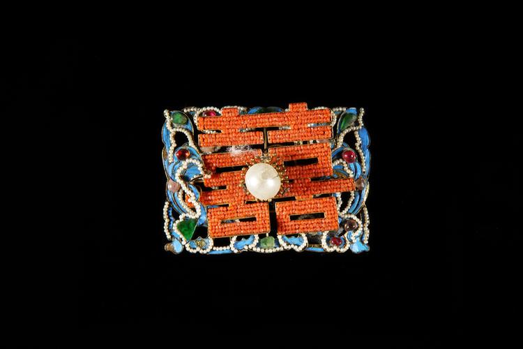 铜镀金点翠嵌珠宝双喜纹钿花