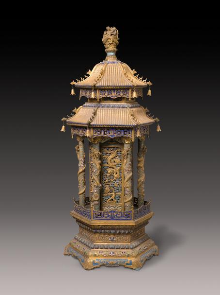 铜鎏金嵌玻璃镂空六方香亭