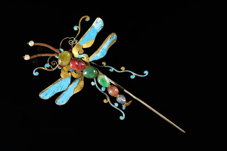银镀金嵌宝石蜻蜓纹簪