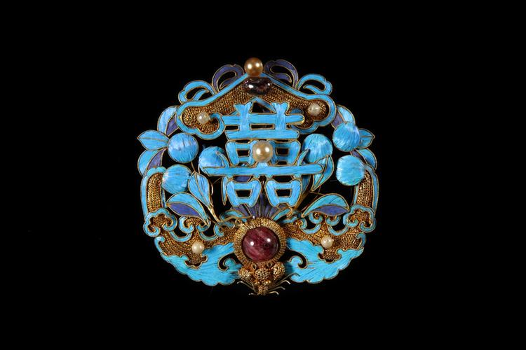 银镀金点翠嵌宝石双喜蝠磬纹簪