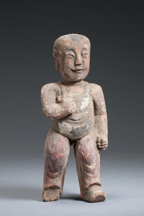 木雕红彩童子立像