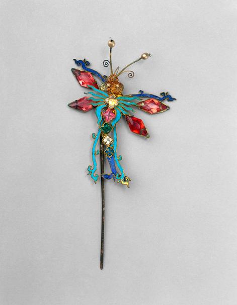 银镀金点翠嵌料珊瑚蜻蜓纹簪