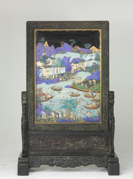 紫檀点翠嵌牙渔家乐插屏