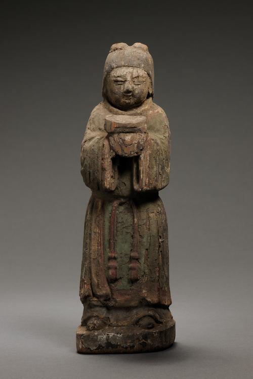 木雕彩绘拱手持物童子立像