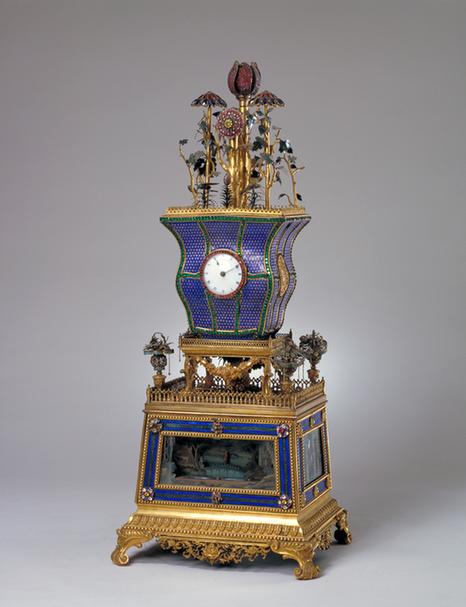 铜镀金广珐琅水法开花仙人钟