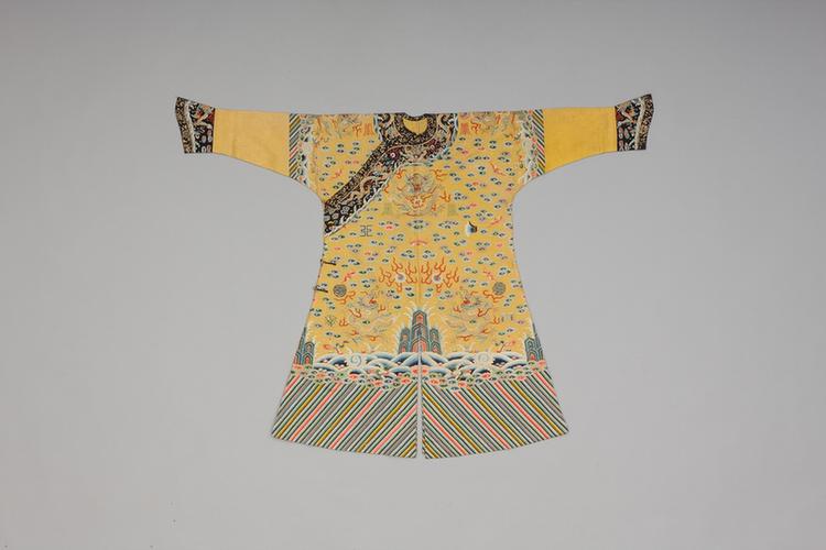 明黄色纳纱彩云蝠寿金龙纹男单龙袍