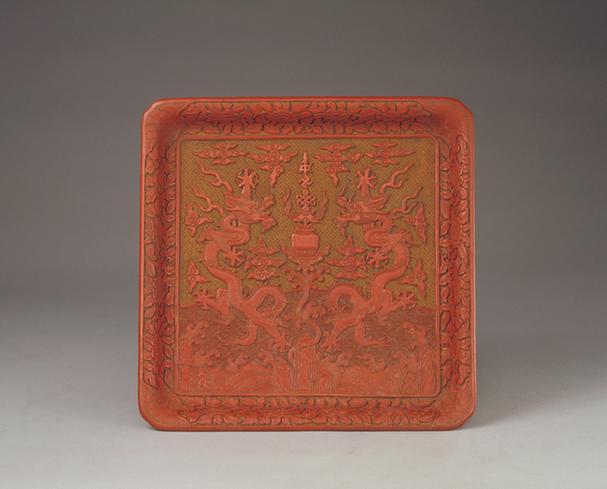 万历款剔红平安吉庆双龙纹方盘