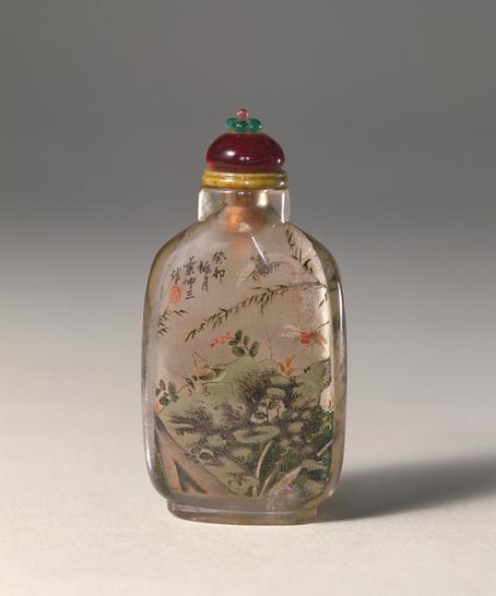 叶仲三款水晶内画山水花卉图鼻烟壶