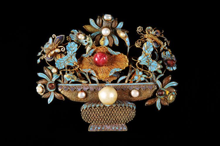 银镀金嵌珠宝花盆形簪