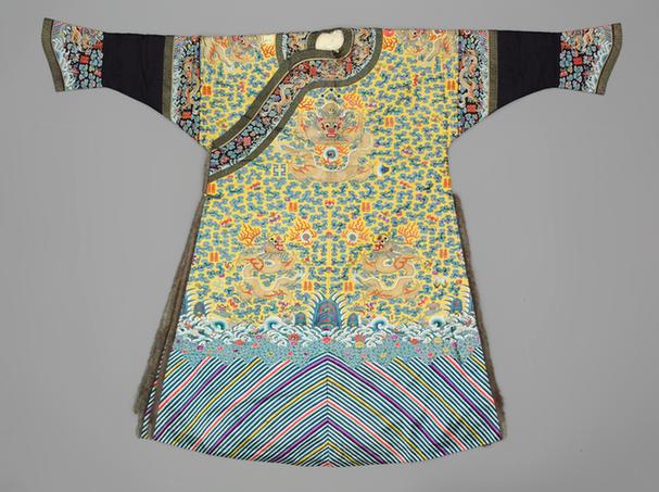 明黄色绸绣彩云金龙纹缉米珠灰鼠皮女龙袍