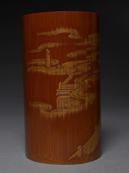 竹雕留青人物楼阁笔筒