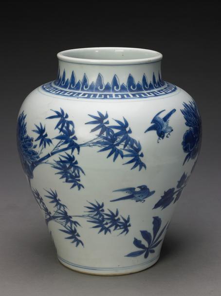 青花雉鸡牡丹图罐