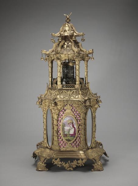 铜镀金嵌珐琅人物亭式转水法钟