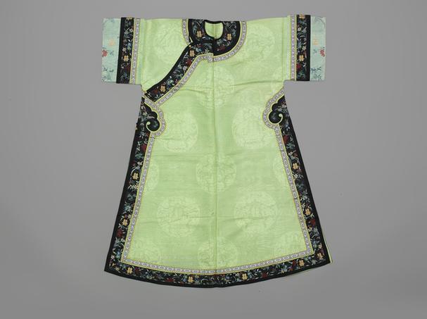 草绿色团荷花双喜纹暗花直径纱单氅衣