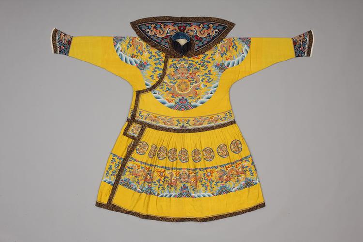 明黄色缂丝彩云金龙纹上珍珠毛下棉男朝袍