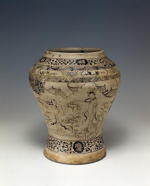 磁州窑黑彩人物双兔纹罐