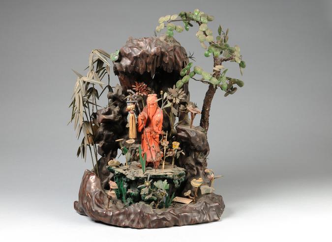 木雕山子珊瑚寿星玉石花卉盆景