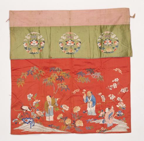 红色缎绣灵仙祝寿图桌围