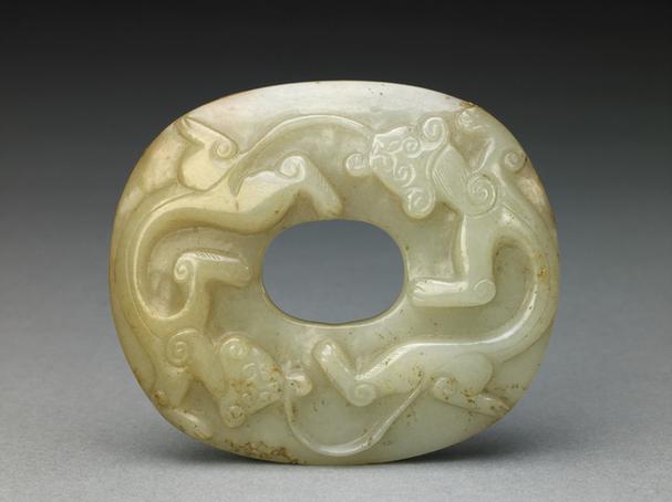 青玉双螭纹椭圆形嵌件