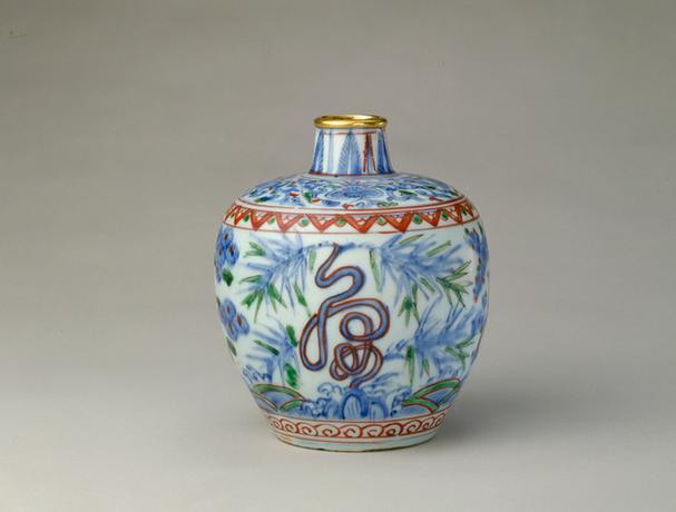 宣德款青花加彩松竹梅图罐