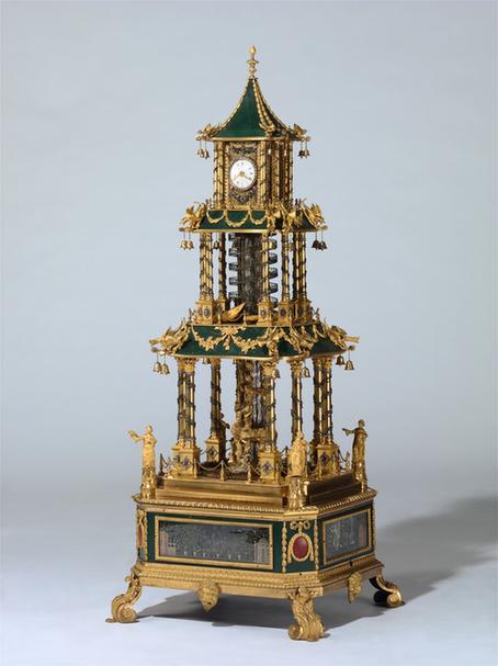 铜镀金塔式吐球转鸭水法钟