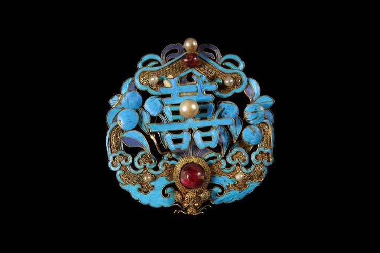 银镀金点翠嵌宝石双喜蝠磬纹簪