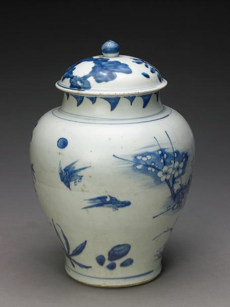 青花三友图盖罐