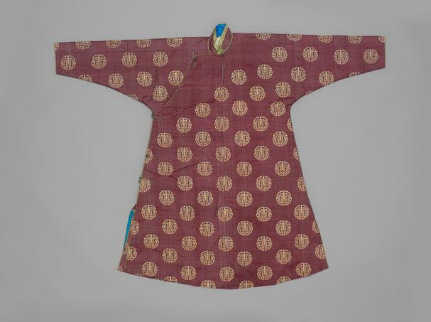 绛色缂丝金团喜字纹上羊皮下灰鼠皮便袍