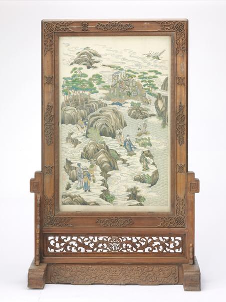 楠木边座广绣群仙祝寿图插屏