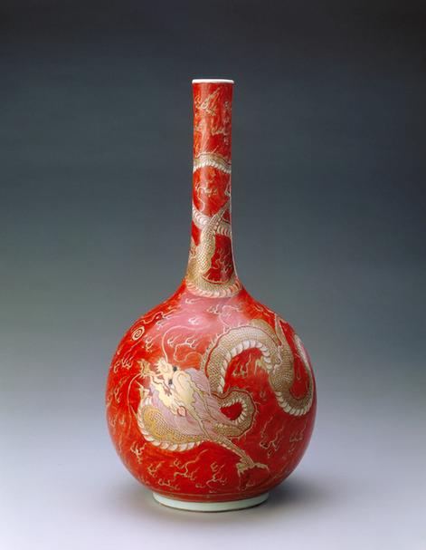 矾红地描金云龙纹油棰瓶