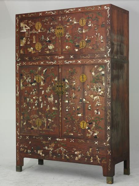 花梨木嵌螺钿玉石人物图顶竖柜