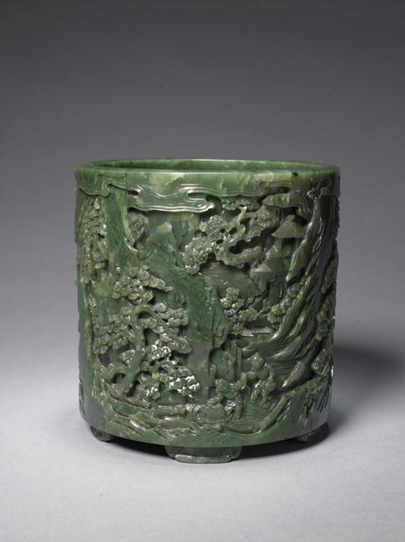 碧玉渔樵耕读图笔筒