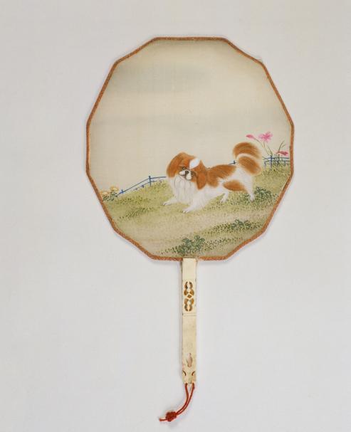 绢画狮子图面骨柄团扇