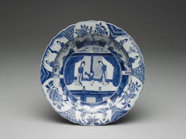 十七世纪 青花仕女花瓣口洗