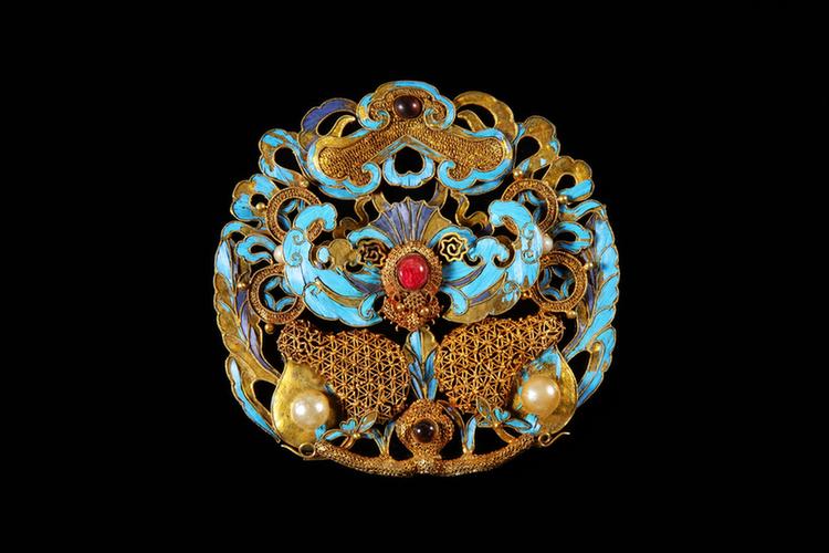 银镀金点翠嵌宝石蝠磬纹簪