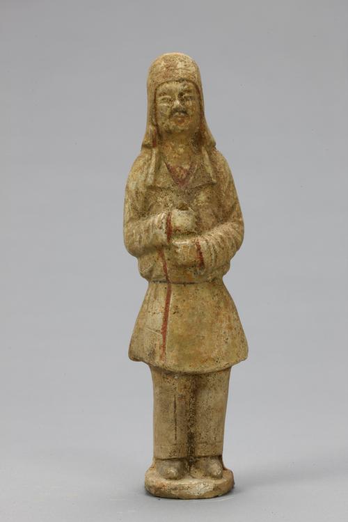 陶黄釉画彩拱手男立俑