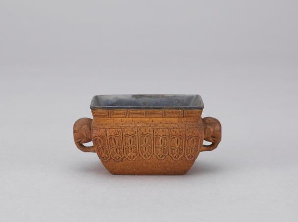 竹雕镶银里双耳长方杯