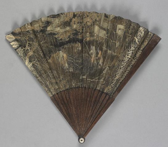 棕竹股边黑面泥金画耕织图面折扇