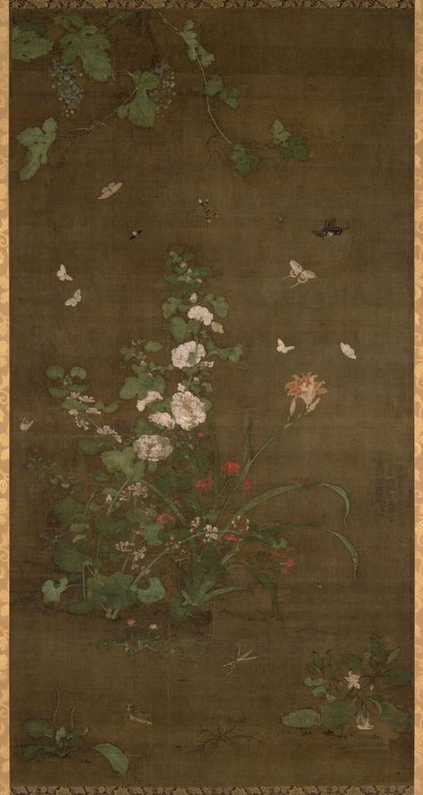 草虫图对轴之葡萄