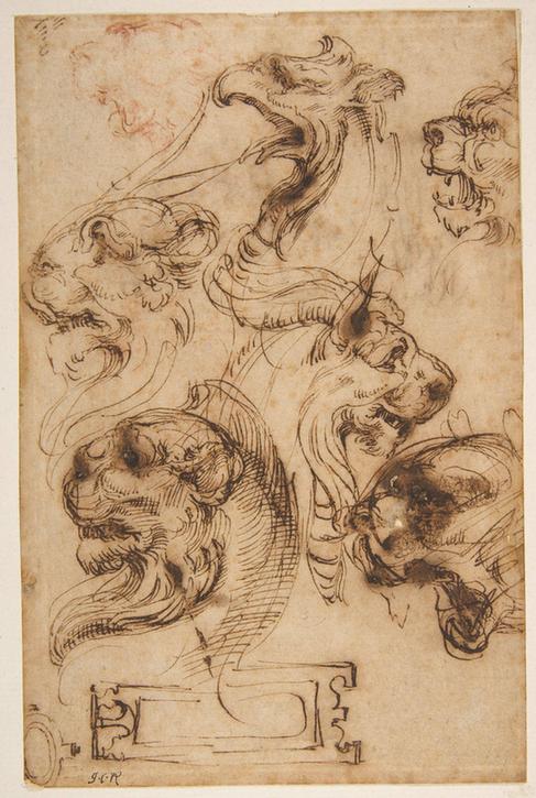 Pellegrino Tibaldi--Six Studies of Animal Heads and of a Cartouche