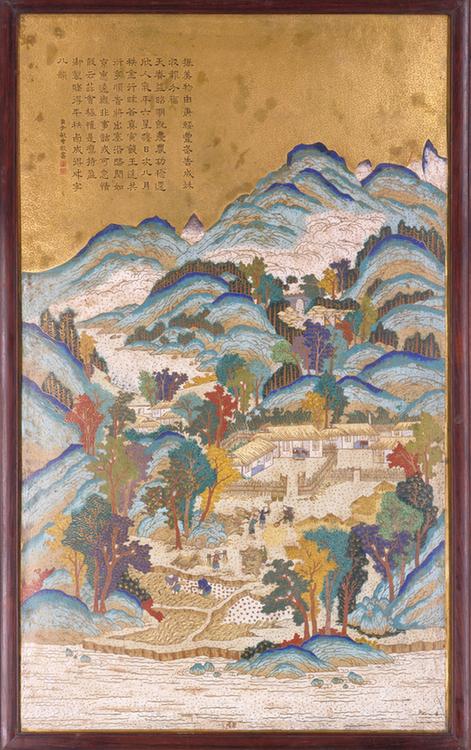 紫檀木边嵌珐琅农家乐图挂屏