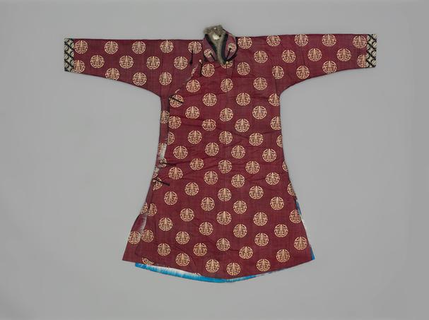 酱色缂金百寿纹青白肷皮袍