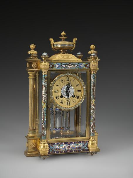 铜镀金嵌珐琅方形六柱四明钟